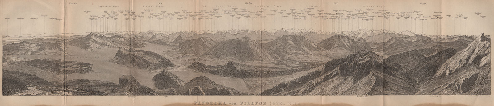 PANORAMA from/von PILATUS. Vierwaldstättersee. Lake Lucerne. Schweiz 1909 map